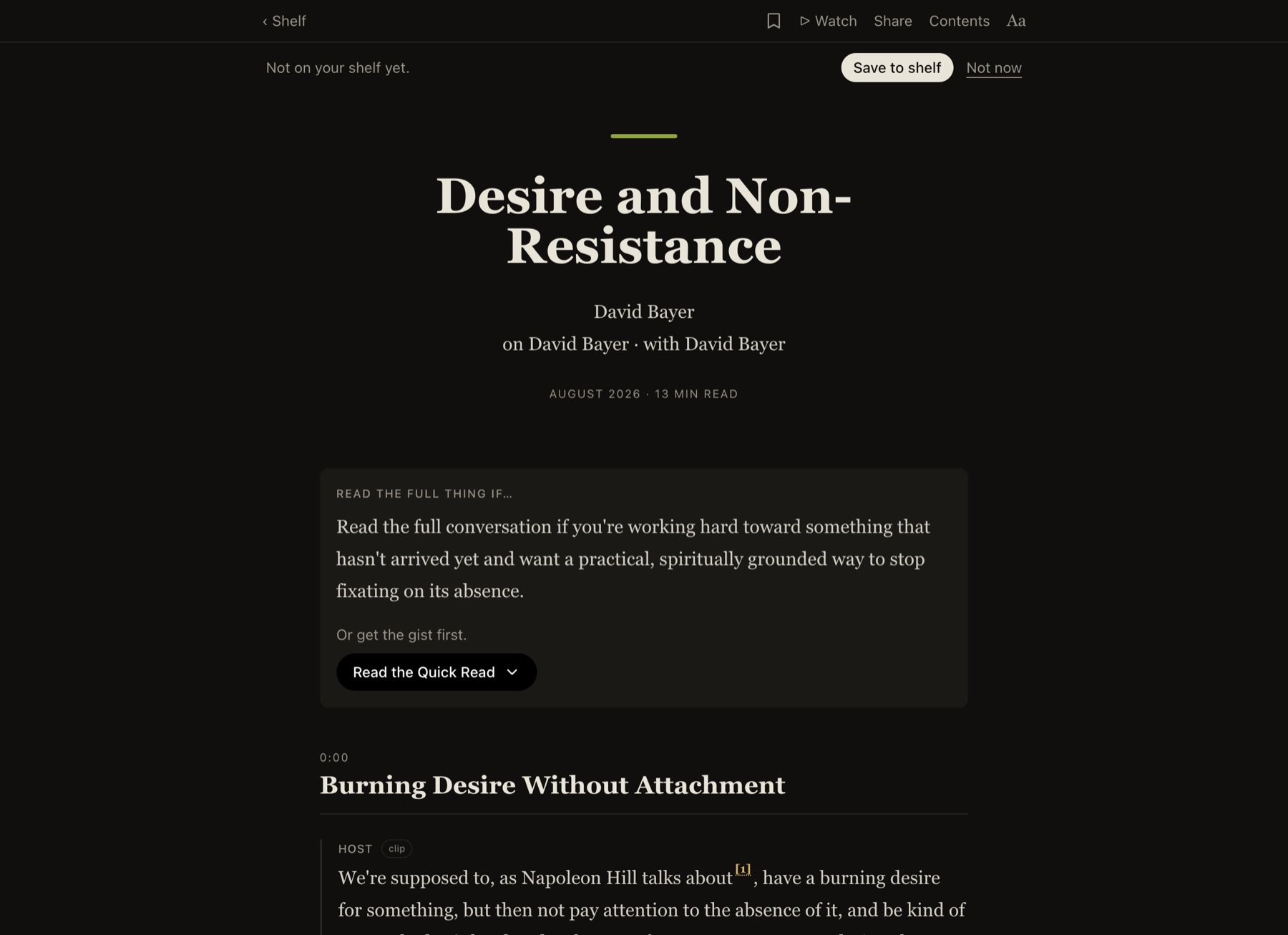 A finished book in the Oddangles reader — title, quick read card, and the watch bar