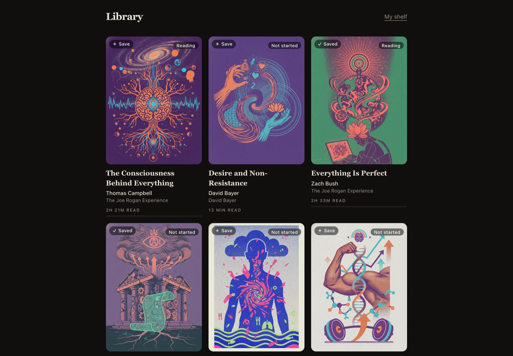The Oddangles library — real books with generated cover art, reading times, and reading progress